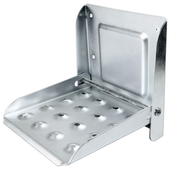 Folding locking steel step in silver, featuring a textured surface with holes for grip, and a sturdy wall-mounted design for easy access.