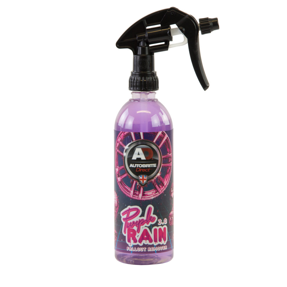 Purple Rain 3.0 spray bottle by Autobrite Direct features a sleek design with a black trigger sprayer and a vibrant purple liquid inside, labeled with bold graphics.