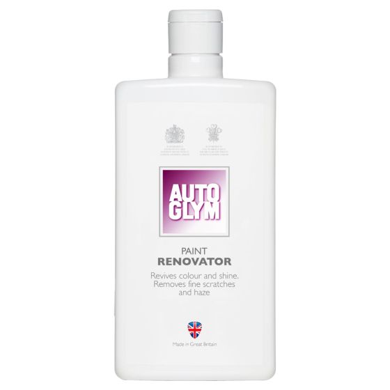 White plastic bottle of Autoglym Paint Renovator, 500ml, featuring a purple and white label with text highlighting its ability to revive color and remove scratches.