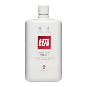 White plastic bottle of Autoglym Super Resin Polish, 1 litre, featuring a red and white label with text highlighting its ability to remove scratches and restore gloss.