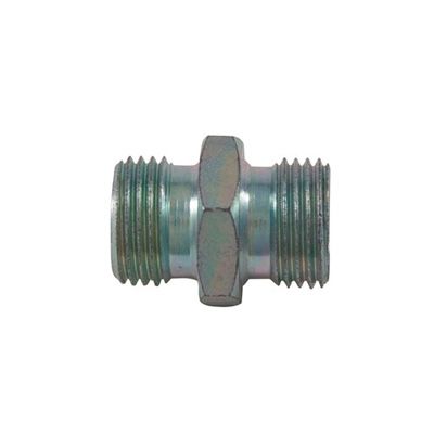 BSP to BSP male-to-male adapter, 5/8 inch size, made of steel with a silver finish, featuring threaded ends for secure connections.