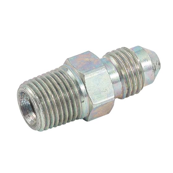 Male to male adaptor featuring a silver, plated steel construction, with a 10 JIC to 3/8 inch NPTF threading, showcasing hexagonal and cylindrical shapes.