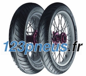 Two Avon Roadrider MK II summer tyres, size 120/90 R18 65V, showcasing a black rubber tread with a sporty design and visible metal spokes in the background.
