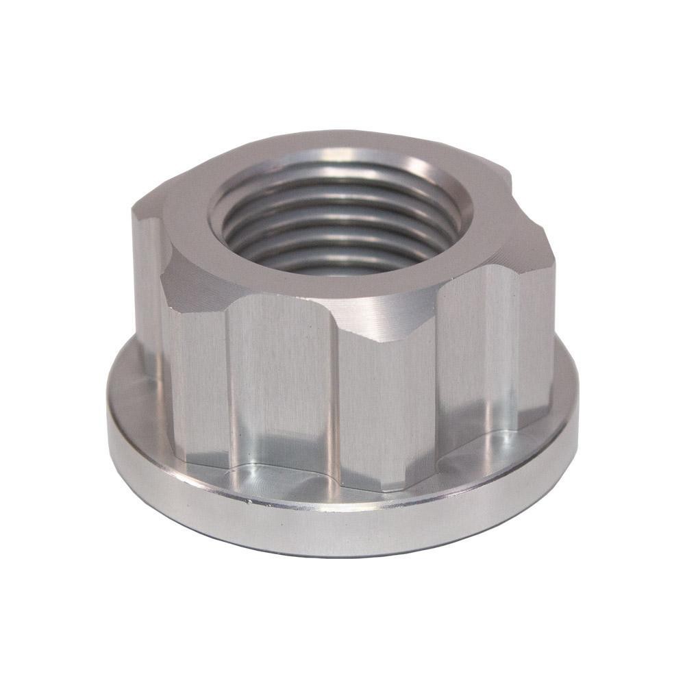 Silver aluminum axle nut with a hexagonal design and internal threading, specifically for Honda CRF250L, CRF250F (2013-2023), and CRF300L (2021-2023) models.