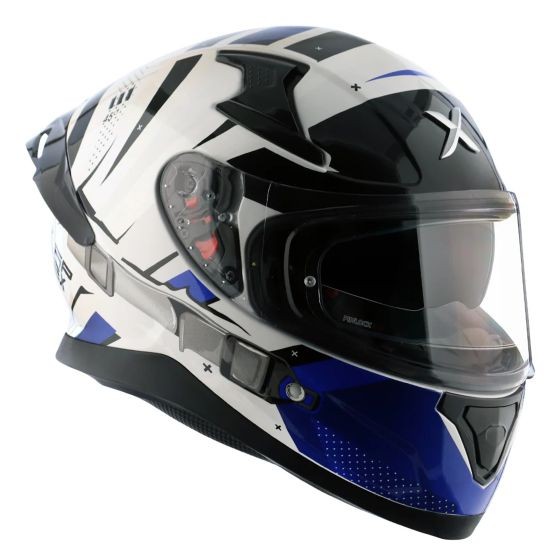 Axor Apex Graphic Motorcycle Helmet in blue and white, featuring a sleek aerodynamic design, glossy finish, and a clear visor, suitable for large sizes (59-60cm).