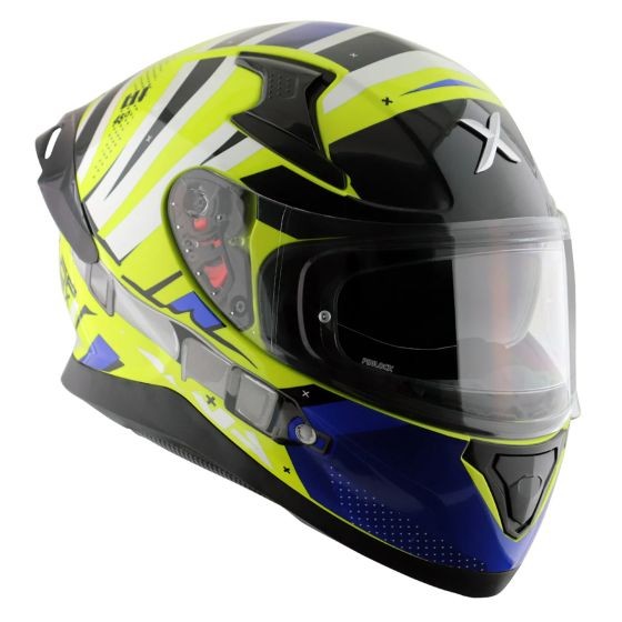 Axor Apex Graphic Motorcycle Helmet in blue and yellow, featuring a sleek aerodynamic design, a tinted visor, and adjustable ventilation for comfort, sized large (59-60cm).