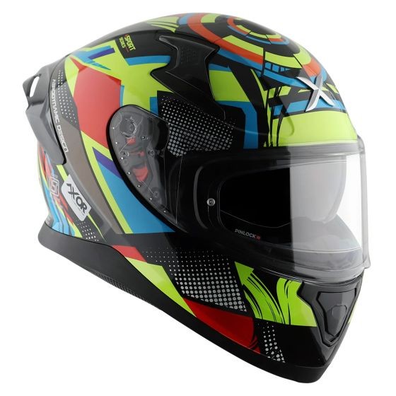 Black and yellow Axor Apex Graphic Motorcycle Helmet in medium size, featuring vibrant geometric designs, a clear visor, and ventilation ports for enhanced airflow.