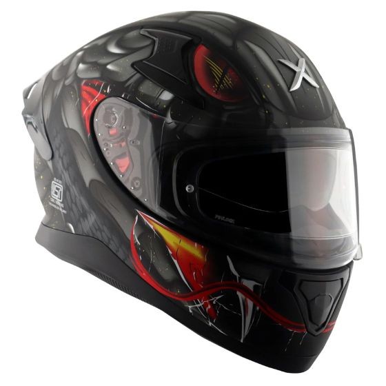 Black and grey Axor Apex Graphic Motorcycle Helmet featuring a striking dragon design, a clear visor, and ventilation ports, sized small (55-56cm).