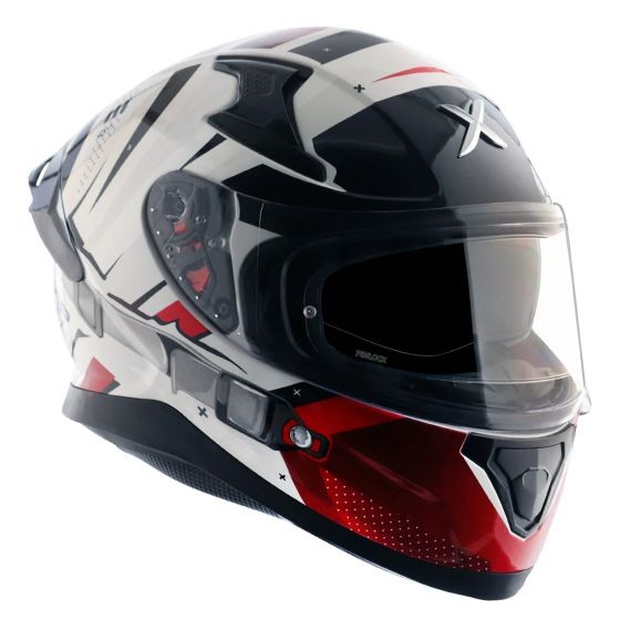 Red and white AXOR Apex Graphic Motorcycle Helmet in size small (55-56cm) featuring a sleek design, glossy finish, and a clear visor with ventilation holes.