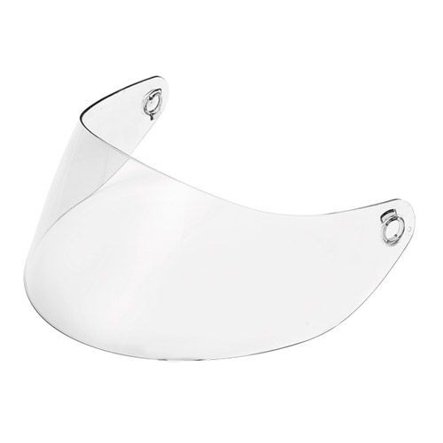 Clear, curved visor made of transparent plastic with two mounting holes on the sides, designed as a replacement for AXOR helmets.