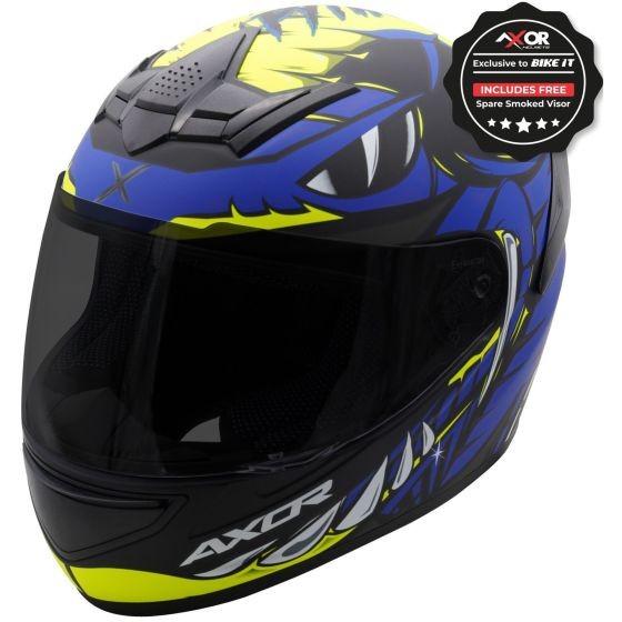 Axor Rage Graphic Motorcycle Helmet in black, blue, and yellow with a fierce design, featuring a glossy finish, integrated ventilation, and a clear visor.