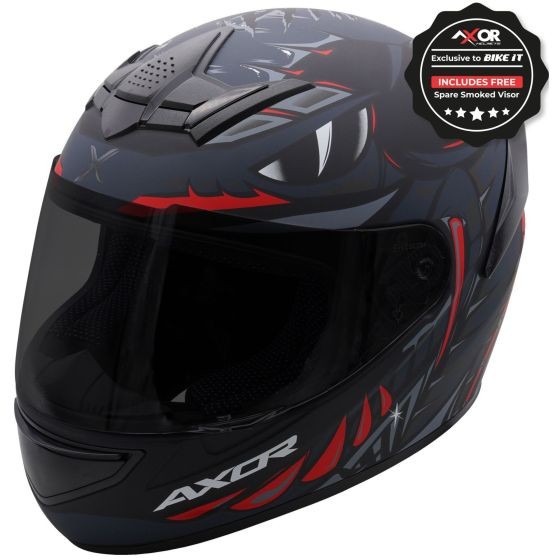 Black, grey, and red graphic motorcycle helmet with aggressive design, featuring a tinted visor, ventilation slots, and a sleek aerodynamic shape, size X-Large (61-62cm).