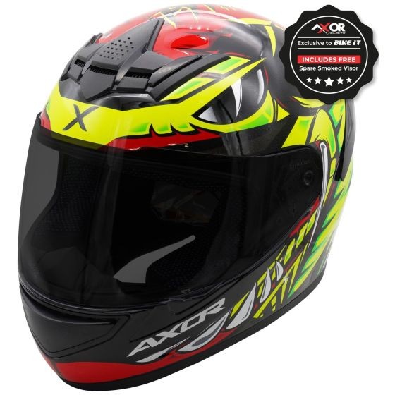 Axor Rage graphic motorcycle helmet in black, red, and yellow, featuring a sleek design, tinted visor, and X-Large size (61-62cm), includes a free smoked visor.