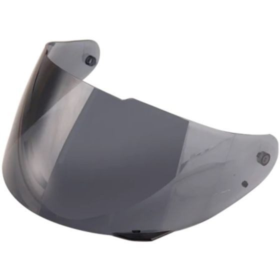 Smoked black replacement visor for AXOR helmets, featuring a sleek, curved design and attachment points for secure fitting.