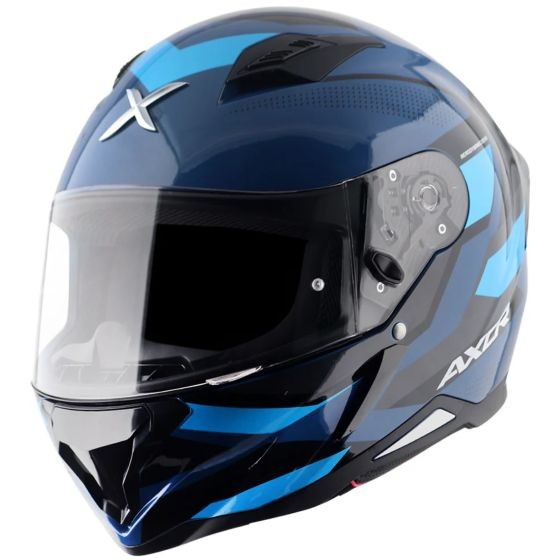 Axor SH890 Hunter Graphic Motorcycle Helmet in black and blue, featuring a glossy finish, aerodynamic design, and a clear visor, size 2X-Large (63-64cm).