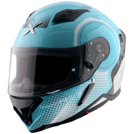 Axor SH890 Hunter Graphic Motorcycle Helmet in blue and white, featuring a sleek aerodynamic design, a tinted visor, and ventilation ports, sized large (59-60cm).