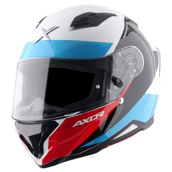 Red and white AXOR SH890 Hunter Graphic Motorcycle Helmet in large size (59-60cm) featuring a glossy finish, aerodynamic shape, and a clear visor.