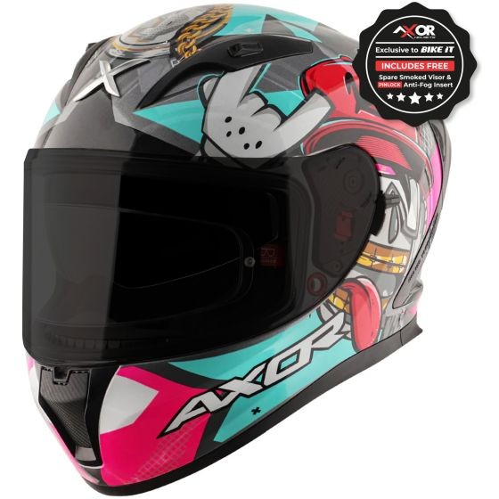 Blue and grey Axor Street Graphic Motorcycle Helmet in 2X-Large size, featuring a vibrant graphic design, a tinted visor, and a removable anti-fog insert.
