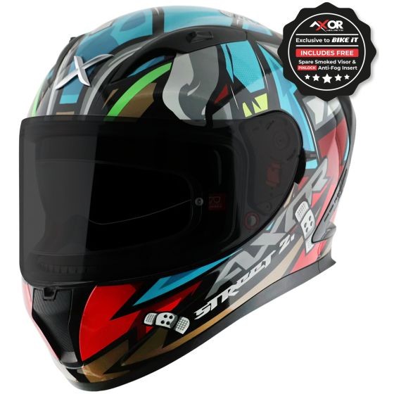 Black and blue AXOR Street Graphic Motorcycle Helmet in small size (55-56cm) featuring a colorful graphic design, a tinted visor, and a sleek aerodynamic shape.