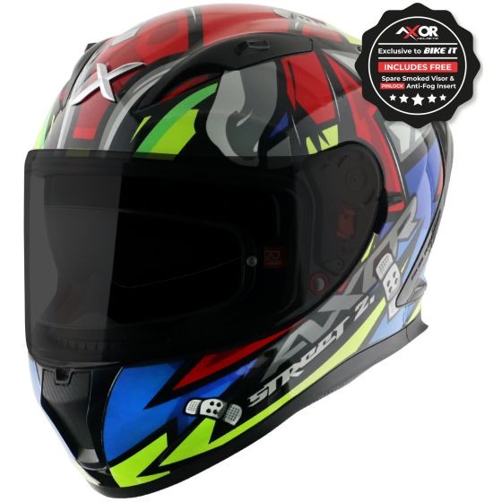 Black and red AXOR Street Graphic Motorcycle Helmet in X-Large, featuring a sleek design with vibrant graphics, a tinted visor, and an anti-fog insert for enhanced visibility.