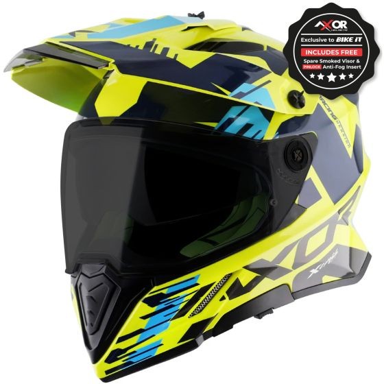 Axor X-Cross Graphic Motorcycle Helmet in blue and yellow, featuring a sleek design, smoked visor, and a size of 2X-Large (63-64cm), made for durability and style.