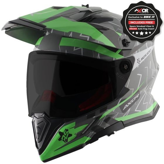 Green and grey Axor X-Cross Graphic Motorcycle Helmet in medium size, featuring a sleek design, tinted visor, and a removable anti-fog insert.
