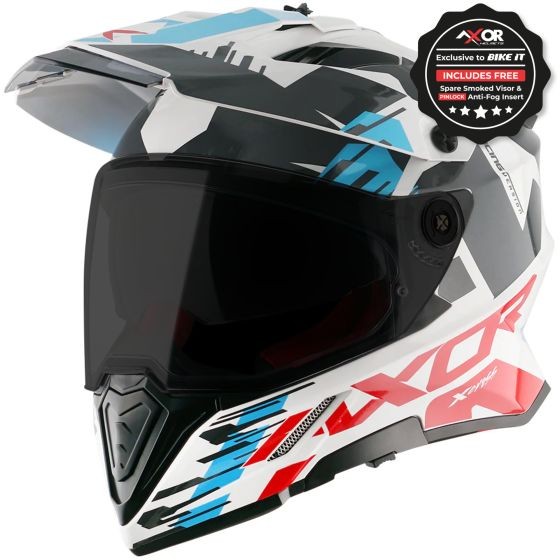 Red and white AXOR X-Cross Graphic Motorcycle Helmet in medium size, featuring a sleek design, a smoked visor, and bold graphic patterns on a matte finish.