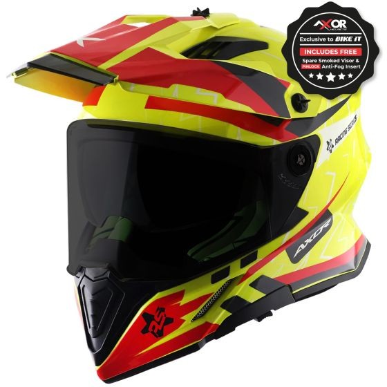 Red and yellow AXOR X-Cross Graphic Motorcycle Helmet in medium size (57-58cm), featuring a sleek design, visor, and included spare smoked visor for enhanced visibility.