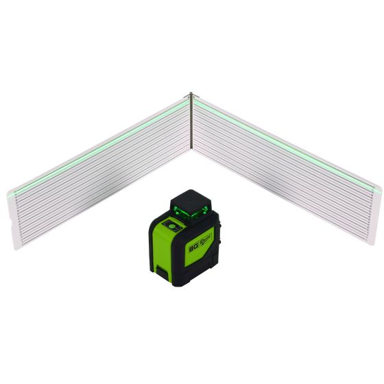 B-G Racing 360 Degree Scale Pad Laser Levelling Kit features a green laser level and two adjustable aluminum scale pads, all housed in a sturdy black and green case.