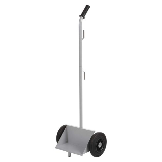 Silver metal battery trolley with a tall handle, two black wheels, and a scooped base designed to hold a single battery securely.