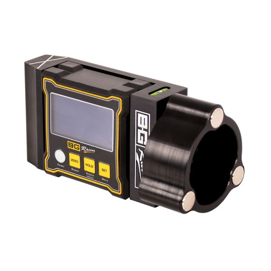 B-G Racing Billet Digital Castor/Camber Gauge features a black body with yellow accents, a digital display, and a magnetic adaptor for easy attachment.