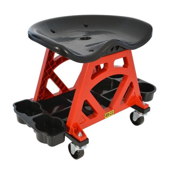 Ergonomic mechanics utility work seat with a black molded seat, red plastic frame, and four storage compartments, mounted on swivel casters for mobility.