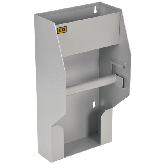 Gray metal hand wash station with a flat back for wall mounting, featuring a horizontal bar for hand washing and a B-G Racing logo in yellow.