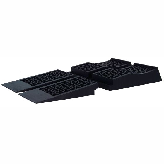 Black low rise split vehicle ramps with a textured surface for traction, featuring a sturdy plastic construction and a sloped design for easy vehicle access.