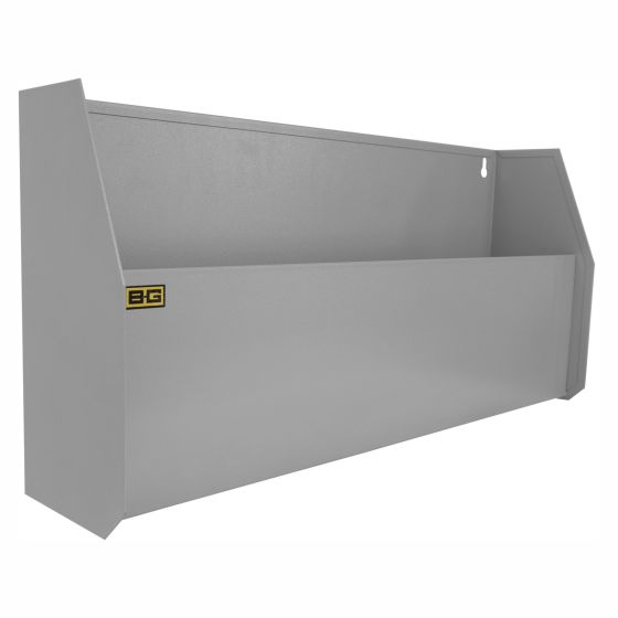 Gray metal shelf designed for storing oil bottles, featuring a sleek, modern design with a B-G Racing logo in yellow on the front.