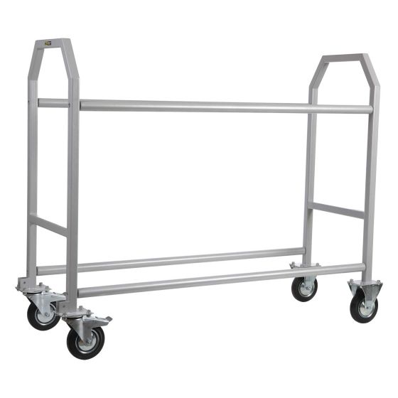 Powder-coated silver aluminum wheel and tire trolley, 1600mm wide, featuring sturdy handles and four swivel caster wheels for easy mobility.