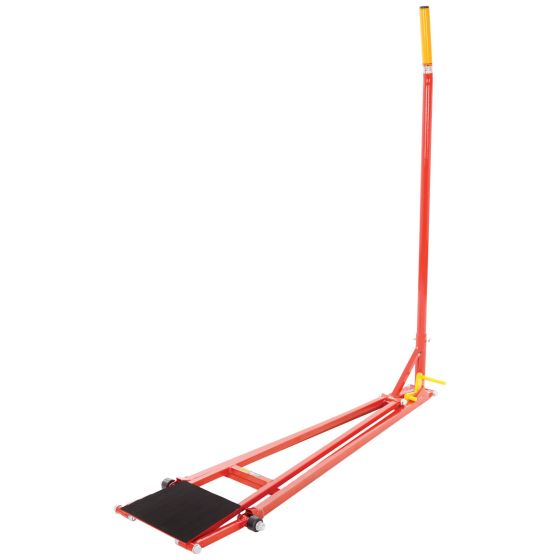 Red B-G Racing Quick Lift Jack with a long handle, featuring a black rubber lifting pad and sturdy metal frame, designed for easy vehicle lifting.