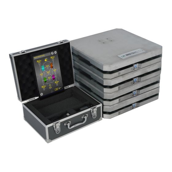 B-G Racing Wireless Corner Weight Scales feature a sleek black carrying case with a digital display, surrounded by four stacked, silver weighing plates.