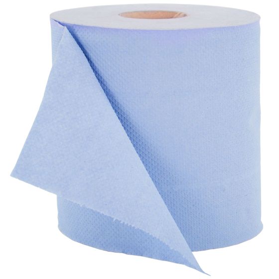 Light blue workshop paper towel roll with a textured surface, featuring a perforated edge for easy tearing, packaged in a 6-pack by B-G Racing.
