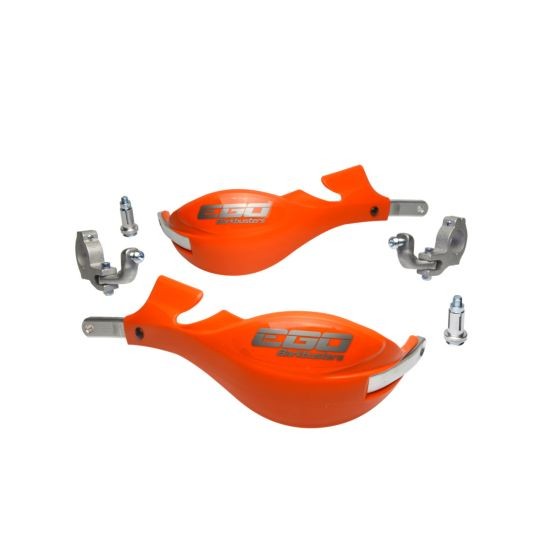 Bright orange BarkBusters EGO handguard kit featuring two tapered mounts, made from durable plastic with metal mounting hardware, designed for motorcycle protection.