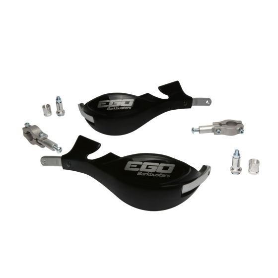 BarkBusters EGO handguards in black with a sleek design, featuring a two-point mount system, accompanied by mounting hardware and brackets.