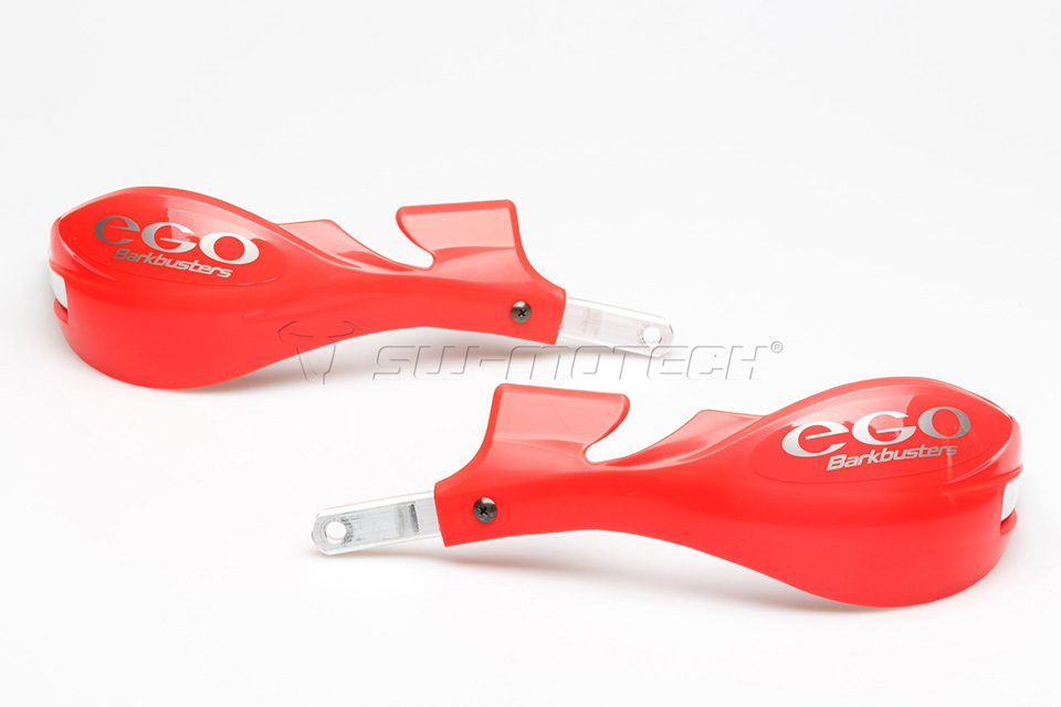 Bright red BarkBusters EGO handguards made of durable plastic, featuring a sleek design with a two-point mount for 22mm handlebars, showcasing the brand logo prominently.