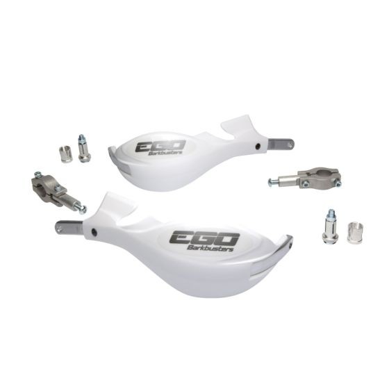 BarkBusters EGO handguards in white with a sleek design, featuring a straight two-point mount and accompanying hardware for installation.