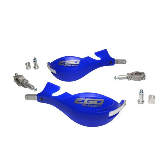BarkBusters EGO Mini Handguards in vibrant blue, featuring a sleek design, two-point mount, and metal mounting hardware included for easy installation.