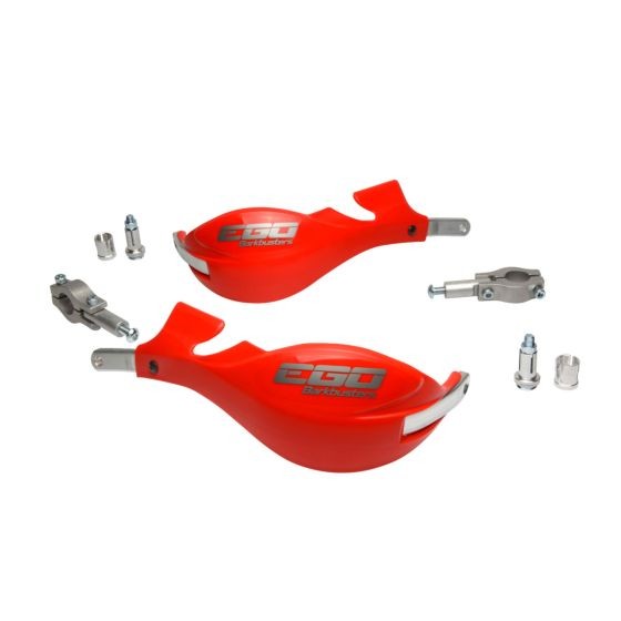BarkBusters EGO Mini Handguards in bright orange, made of durable plastic, featuring a sleek design with a two-point mount and included hardware for 22mm handlebars.
