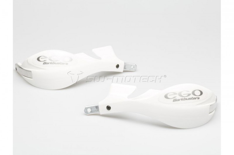 BarkBusters EGO Mini Handguards in white, featuring a sleek design with "EGO" and "BarkBusters" logos, designed for 22mm straight two-point mounting.
