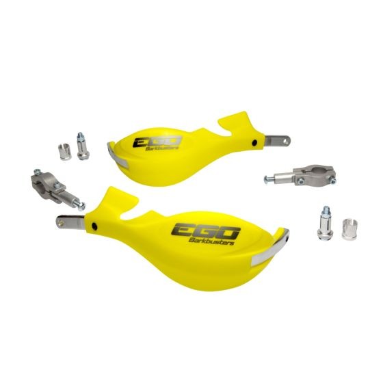 Bright yellow BarkBusters EGO Mini Handguards made of durable plastic, featuring a sleek design with the "EGO" logo, includes two mounting brackets and hardware for 22mm straight handlebars.