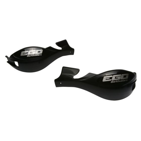 Black plastic handguards with a sleek design, featuring the "EGO" logo and a glossy finish, ideal for motorcycle protection.