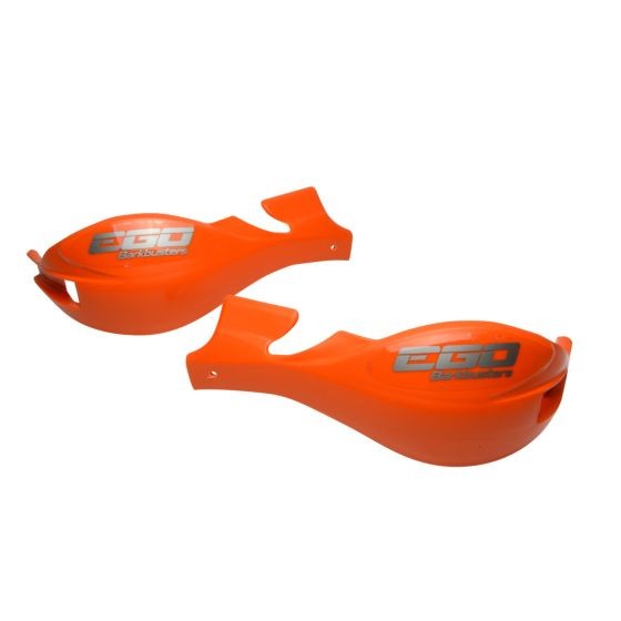 Bright orange plastic handguards with a sleek design, featuring the "EGO" logo in silver, designed for motorcycle protection and style.