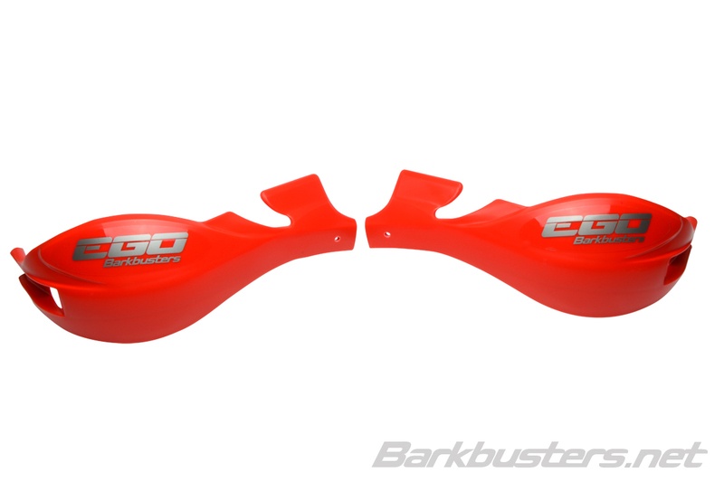 Bright red plastic handguards featuring the "EGO" logo, designed for motorcycle protection, with a sleek aerodynamic shape and mounting points for easy installation.